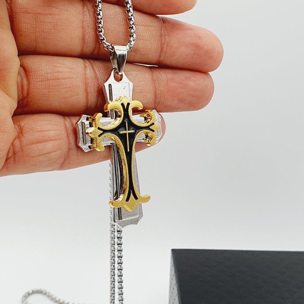 ❤️ Stainless Steel Retro Layered Cross Necklace , N90201P120 - Picture 7 of 13